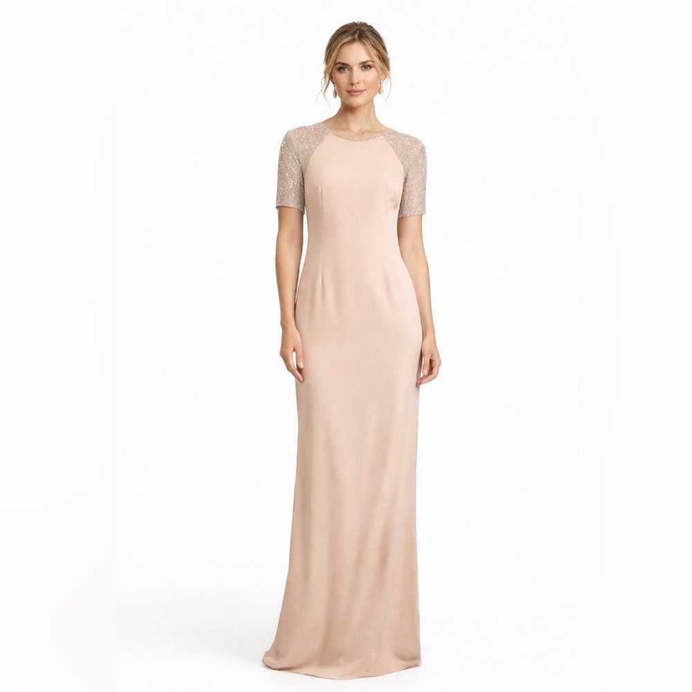 Adrianna Papell Blush Sequin-Shoulder Gown, half sleeve arms